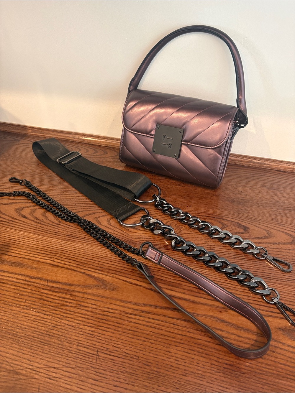 Think Roylan Quilted Metallic Plum Leather Shoulder Bag with Multiple Straps